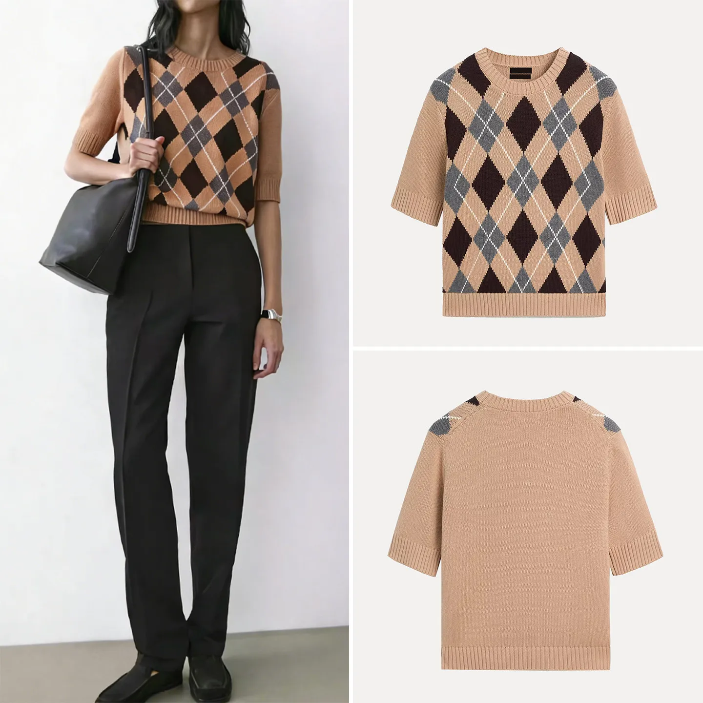 

Spring 2026 Women's Knitted ort Sve round Ne Pullover Diamond Patterned Soft Comfortable Loose Fit Regular Length