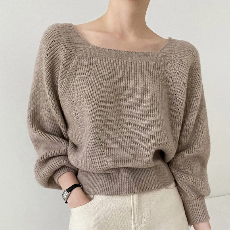 Elegante trui met vierkante hals, effen kleur, retro uitgehold, gebreid, casual damestops, herfst, winter, losse pasvorm, korte trui
