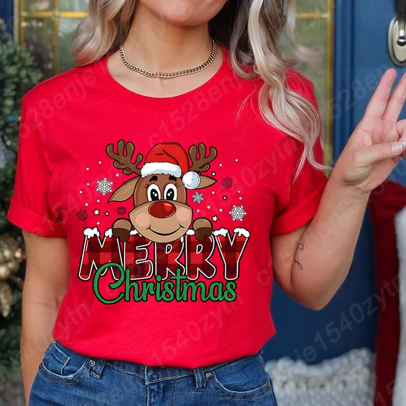 

Merry Christmas Reindeer Print T-Shirts For Women Short Sleeve Round Neck Tee Shirt Summer Casual Solid Color Popular Ladies Top