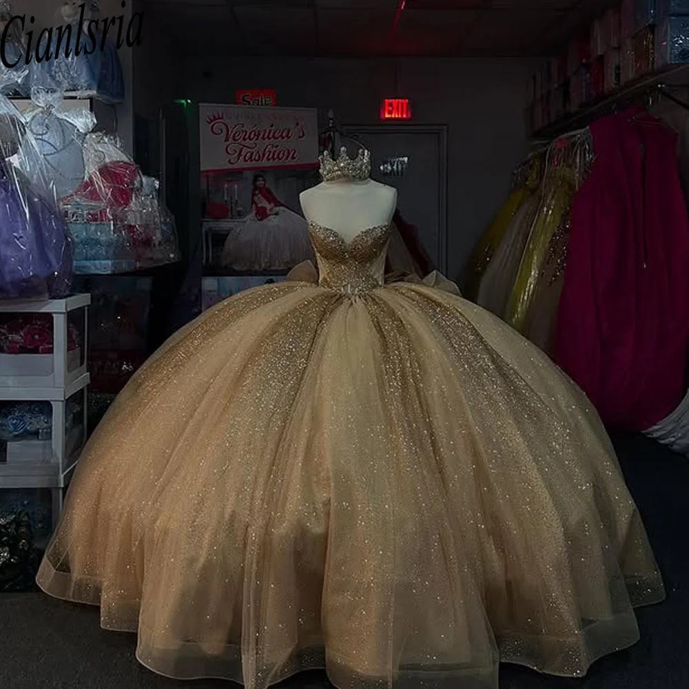 

Shiny Gold Quinceanera Dress Ball Gown Applique Beading Tiered Corset Sweet 16 Vestidos De 15 Anos