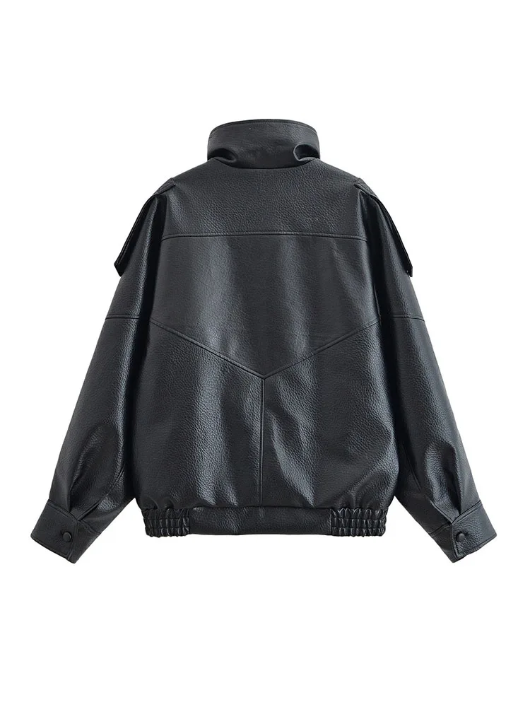 سترة نسائية لخريف 2025 بتصميم جديد من الجلد الصناعي الأسود للنساء بأكمام طويلة ورقبة عالية معطف دراجة نارية للخريف والشتاء