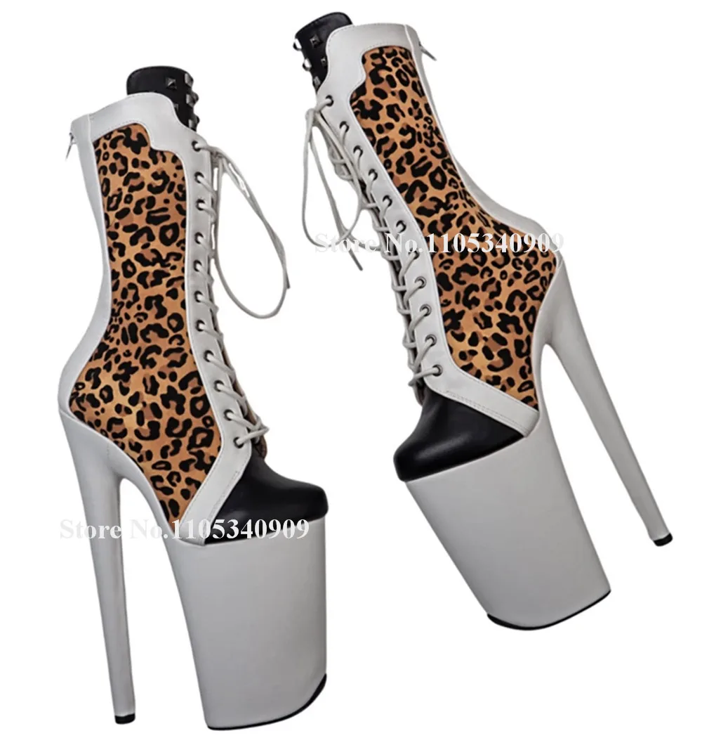 

Bondarenko Leopard Patchwork White Leather Stiletto Heel Short Boots Round Toe Lace-up High Platform Thin Heel Dance Shoes