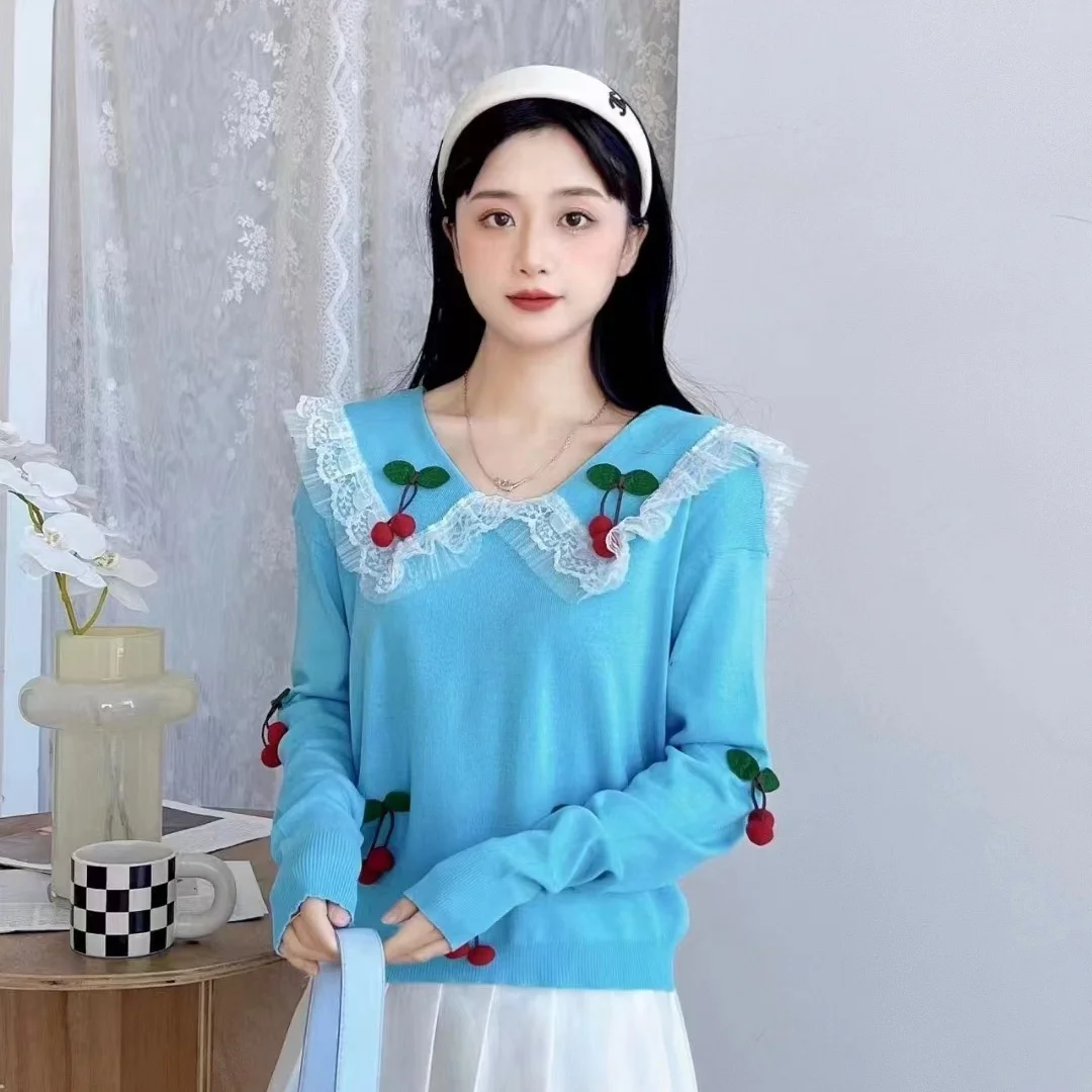 Cherry Doll Neck Knitted Sweater Slim Fit and Versatile Spring New Style Western-style Pullover Long Sleeved Top