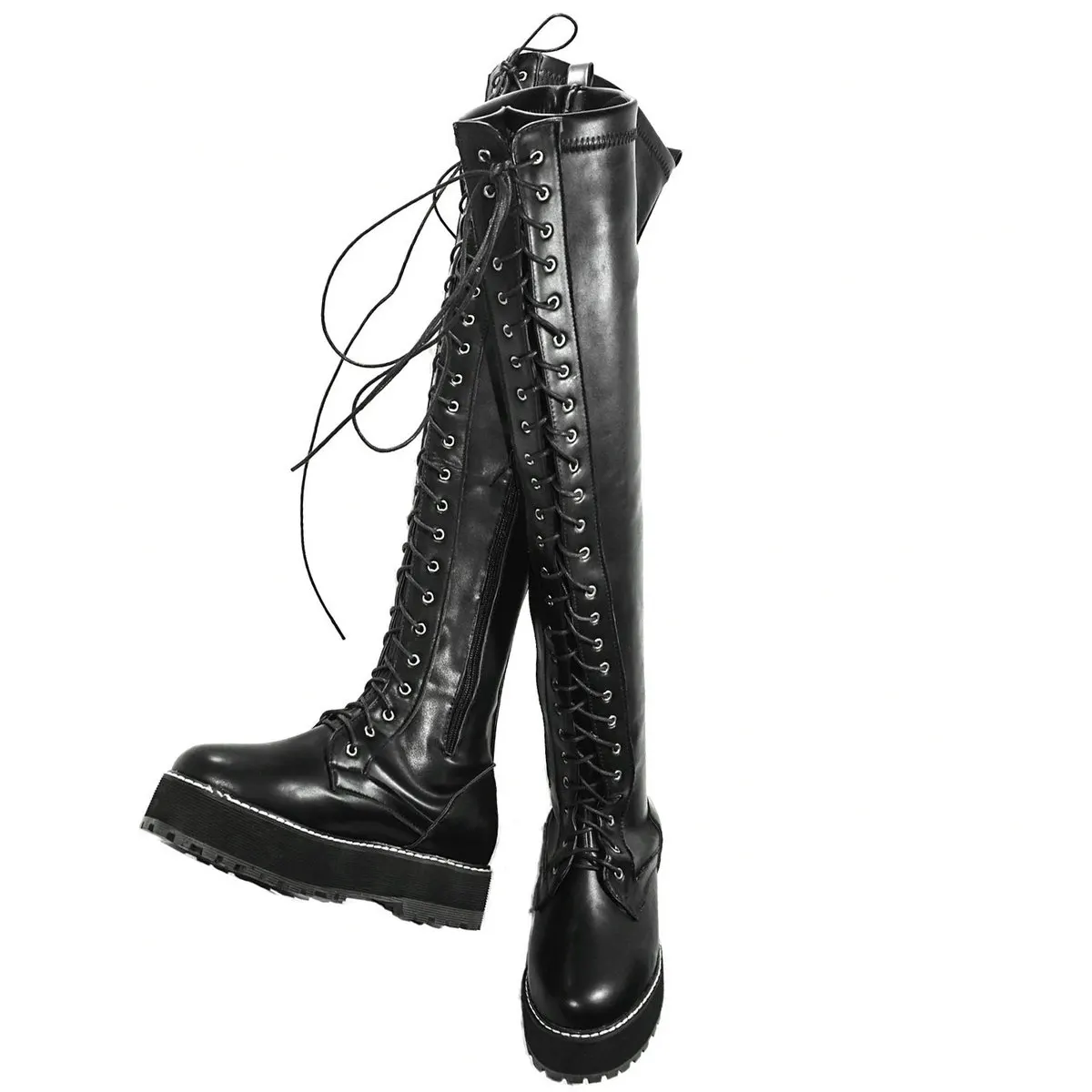 Black Platform Pumps Plus Size Shoes Women Lace Up Over The Knee High Boots Female Round Toe Thigh High Sneakers Big Size Shoes