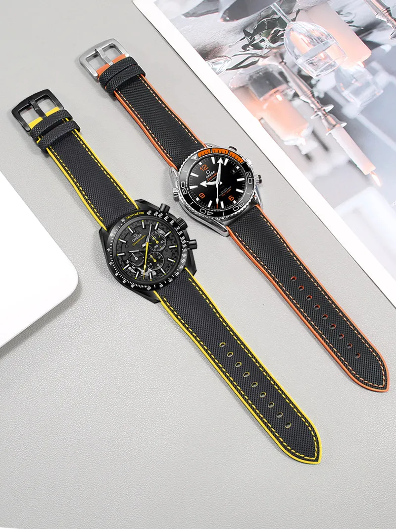Nylon Textured Watch Strap Suitable for Omega Speedmaster Dark Side of The Moon Apollo 8 Seamaster Black Yellow Silicone Strap view 3
