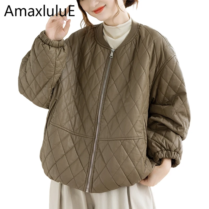 Amax LuluE 2026 Winter Womens Warm Padded Faux Leather Jacket Loose Vintage Thicken Pu Parkas Ladies Classic Casual Solid Coats