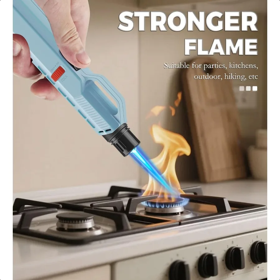 4 عبوات من ولاعة الشعلة المقاومة للرياح وقابلة للتعديل مع قفل أمان ولاعات شعلة البيوتان الطويلة القابلة لإعادة الملء للتخييم والشواية