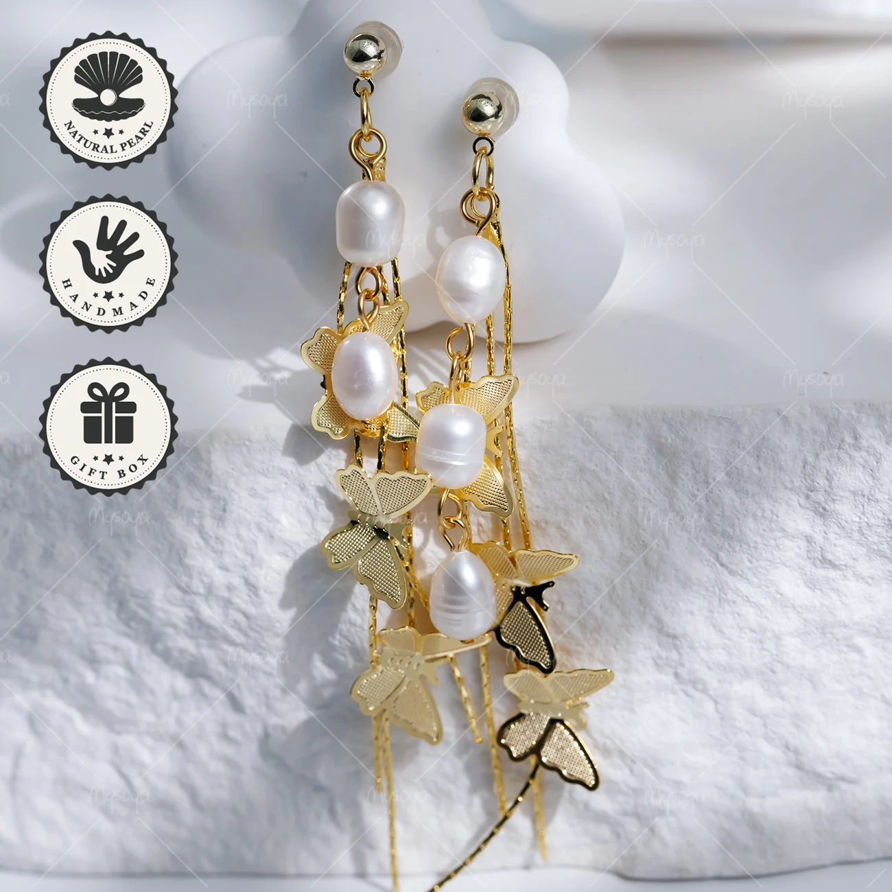 

Серьги-гвоздики MYSOYA с белым жемчугом 6-7 мм и подвесками-бабочками, золотистые, в подарочной коробке, подарок на день рождения, подарок на День святого Валентина