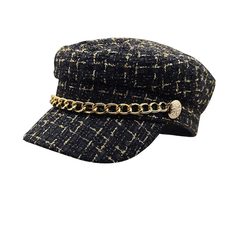 Gorro feminino com corrente de metal decoração, luxo, inverno