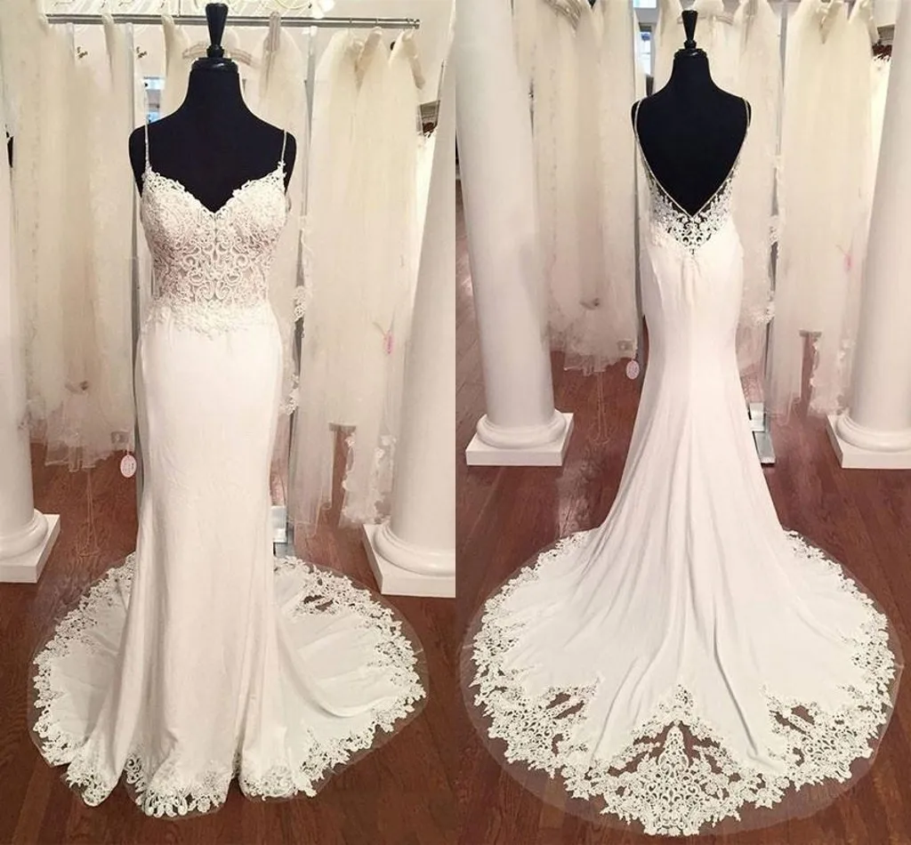 تخصيص السباغيتي حزام الدانتيل يزين فساتين الزفاف Vestidos De Casamento الساتان ثوب الزفاف عارية الذراعين