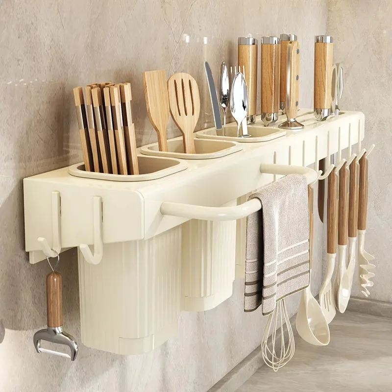No Punching Kitchen Hook Rack Wall Mounted Rod Spatula Spoon Hanger Row Hook Storage Rack for Cross Border