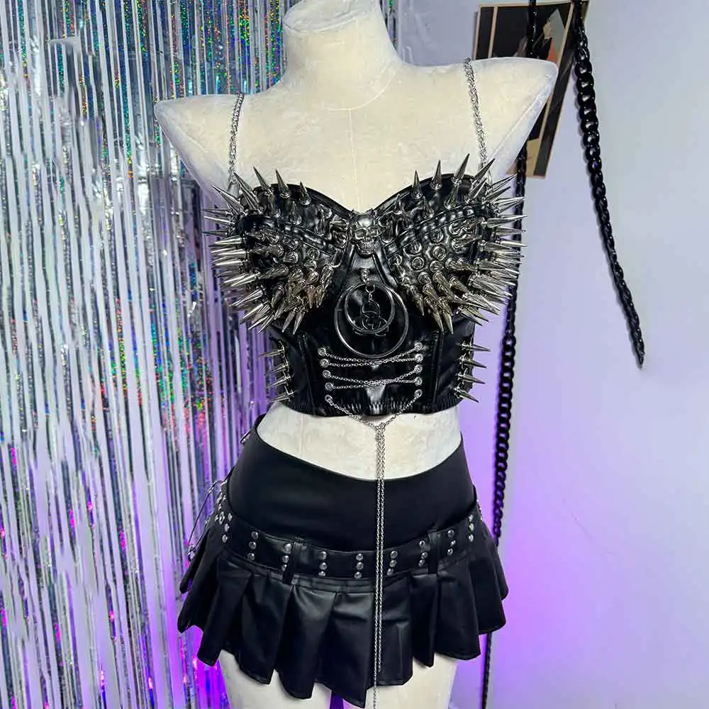 

Digital Hip Hop Gothic Grunge Spike Studded Rivet Chain Y2K Halter Camisole TOPS Goth Cummerbunds Punk Rock DIY E-Girls Emo