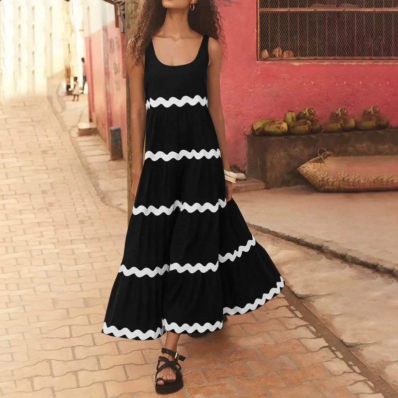 Fashion Summer Casual Lady Long Dress Simple U-shaped Wavy Pattern Splicing Spaghetti Strap Print Dresses A-line Sling Dress