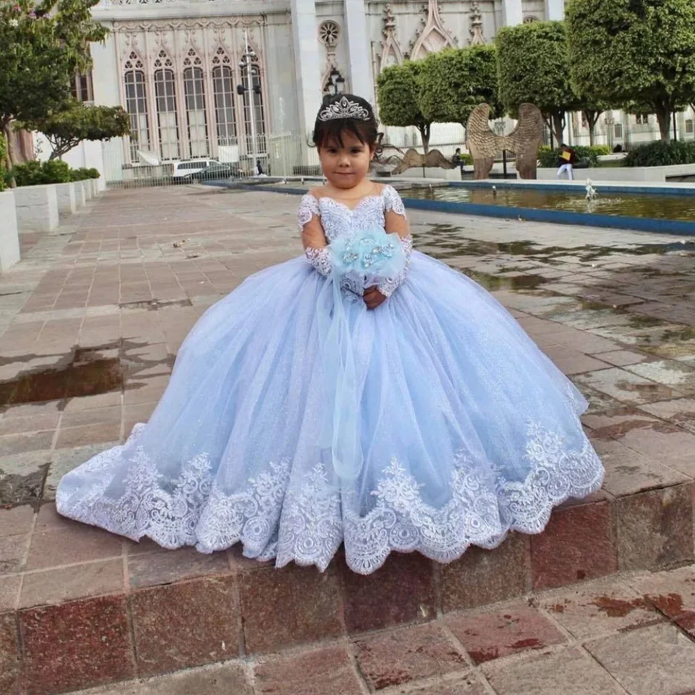 Prinzessin Blumen Mädchenkleid A-Linie Tüll Spitze Applikation Schleife Glänzend Kinder Elegant Festzug Erstkommunion Brautjungfer Ballkleid 2025