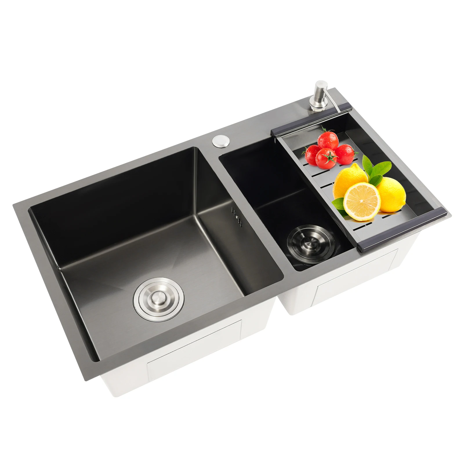 Fregadero de cocina de doble cuenco, fregadero de cocina moderno de acero inoxidable con coladores, escurridor, dispensador de jabón, 78x43x22cm