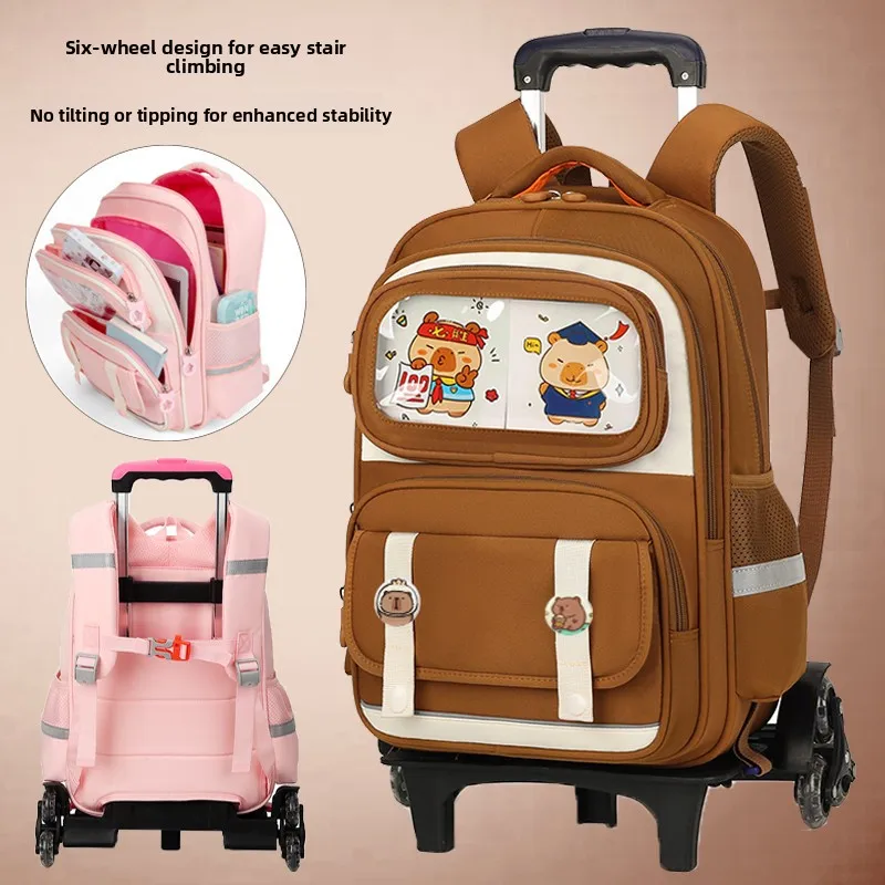 cute-capibara-pull-rod-backpack-reduction-load-children's-school-bag-boys-and-girls-elementary-students-spine-protection