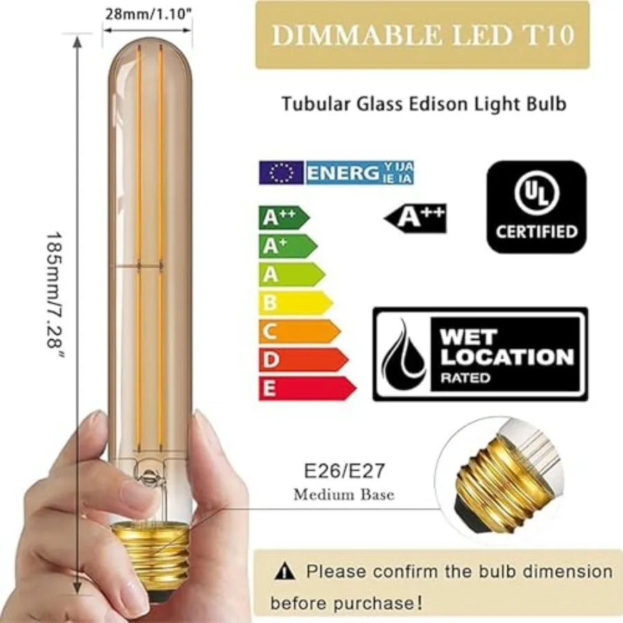 7.3 Inch E26 Led Bulb 6W Dimmable, 2200K Amber White Vintage Edison Bulbs, Equal 80 Watt T10 T9 Long Tubular Glass Light Bulb 8