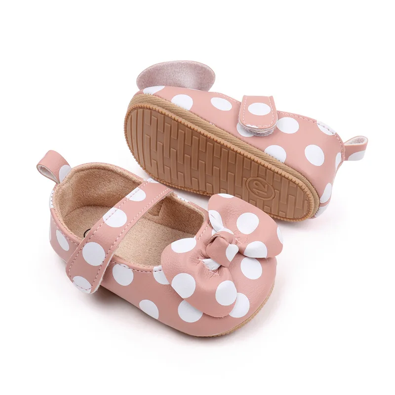 Baby Girls Crib Shoes Cute Dot Infant Bowknot Non-slip Flat PU First Walker Rubber Soft-Sole Newborn Girls Shoes