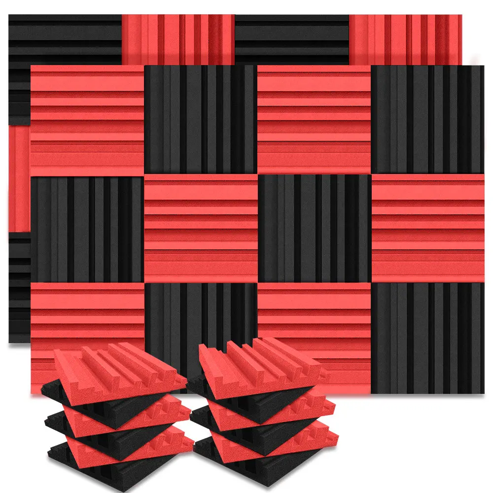 24Pcs 25x25x5cm Studio Acoustic Foam Broadband Sound Absorbing Noise Insulation Sound Proofing Treatment Panels 12Black 12Red