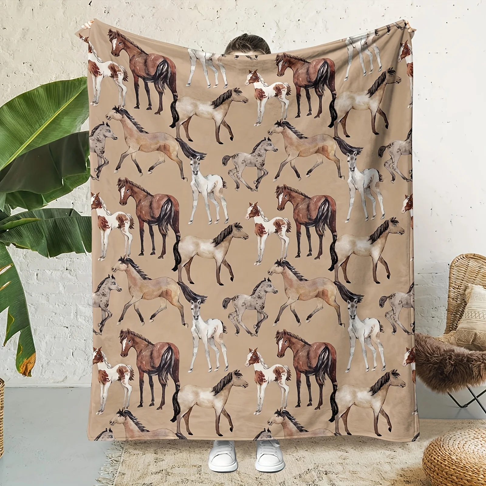 An Elegant Horse Pattern Fleece Blanket with a Harmonious And Beautiful Ranch Theme Fills Every Corner of The Home with Comfort