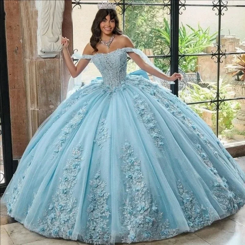 Customized Temperament Sparkling Strapless Sky Blue  Quinceanera Dresses3D Flowers Lace Appliques Vestidos Fashion Ball Gown