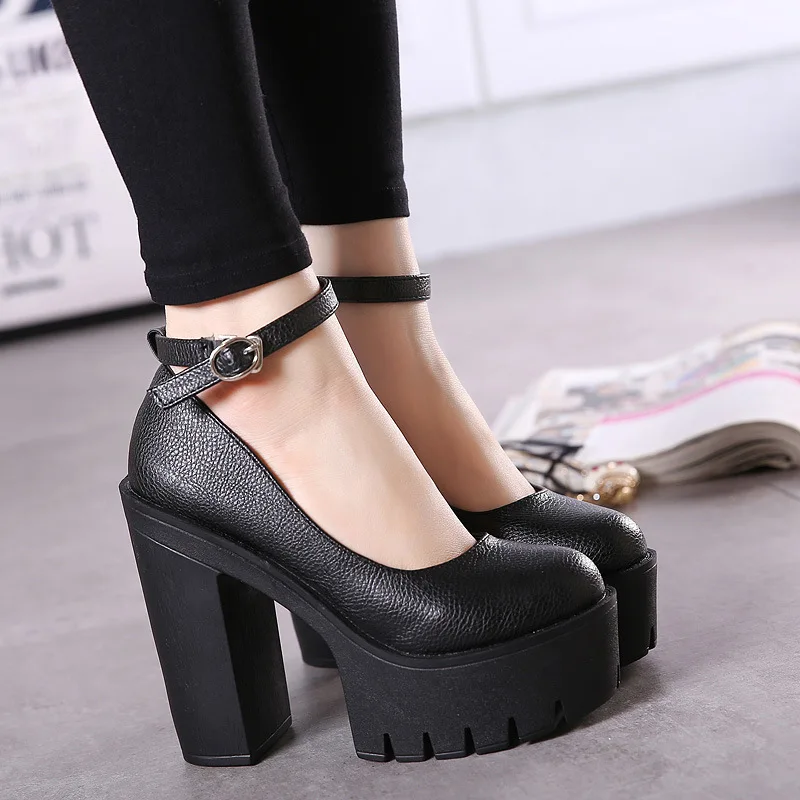 Women Pumps Mary Janes 14cm Chunky High Heels Platform Women's Shoes Sexy Black White Ankle Strap Plus Size 43 Party Dress Shoes