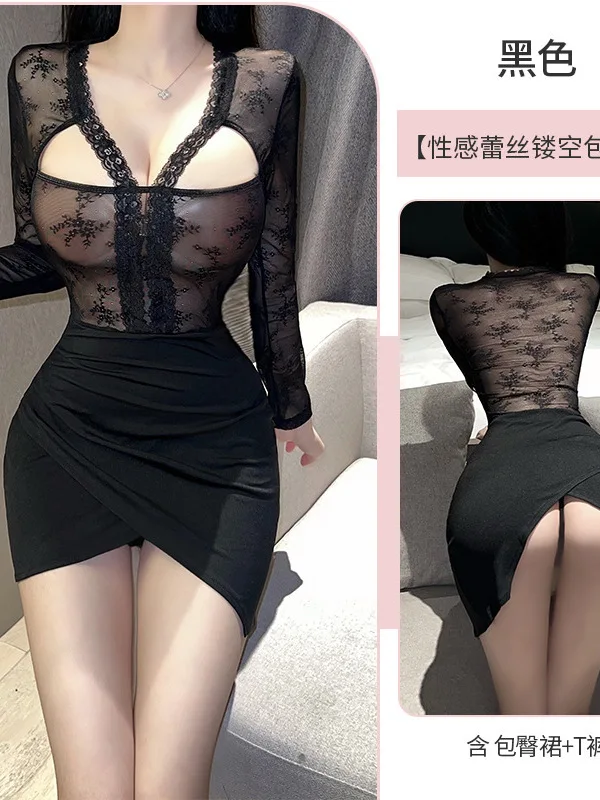 Kant pure mesh mini-jurk sexy secretaris verleiding borst grote transparante uitgehold sexy lange mouw jurk elegante zoete 8KP