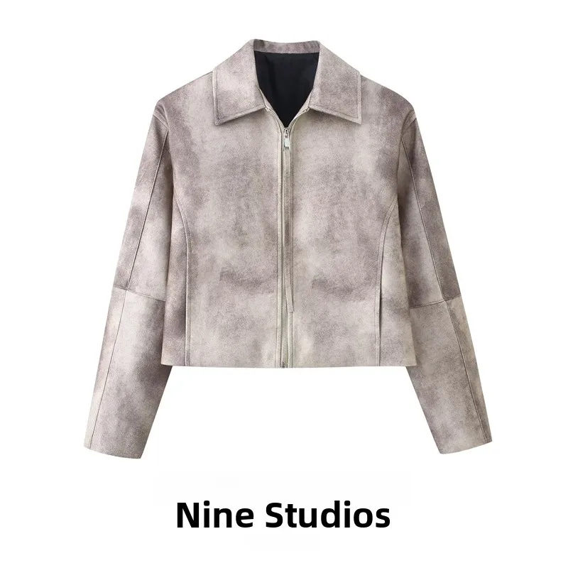 

NINE ZAR Women's Printed Long Sve Jaet ort Casual Zipper ket Flip Collar European Sle Winter Faion Ladies Coat