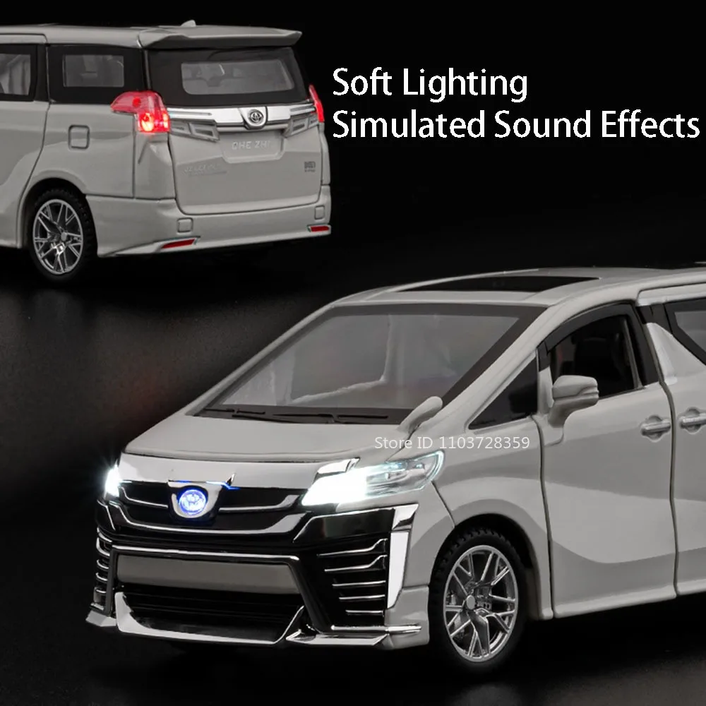 1:32 Vellfire LM300H MPV Model Speelgoedauto's Legering Diecast Deuren Geopend Trek Geluid Licht Prachtige Interieur Decoratie Auto Speelgoed