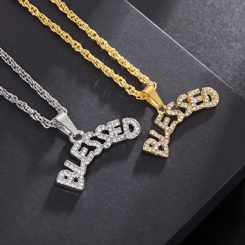 Fashion Hip Hop Rock Rapper Blessing Letter Pendant Necklace Men Punk Trend Street Cool Jewelry