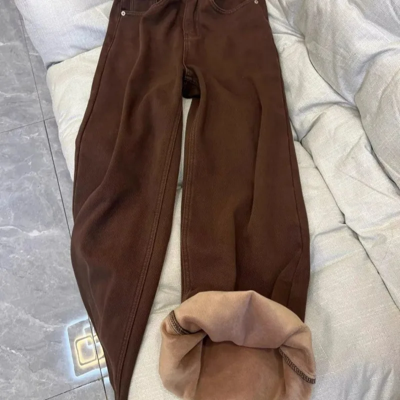 Women Fleece-Lined Jeans Women Straight-Leg Pants High-Waist Pockets Wide-Leg Pants High-Waist Loose Straight Pant Girl Students