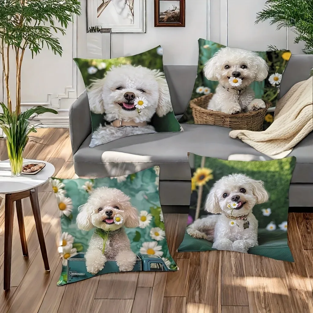 

Cute Bichon Frise Dog Cushion Cover 2D Flat Printed Peach Skin White Puppy Holding Daisy Pillow Case for Living Room Couch Decor