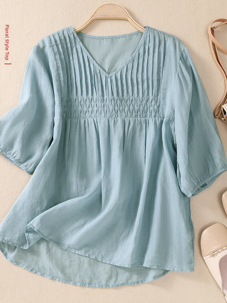 

Loose Women's Cotton Linen irt Vintage Accordion Pleat ort Sve V-ne Color Commute Sle Summer Faion