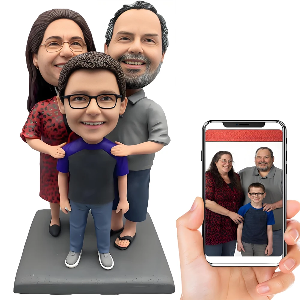 Custom Family Portrait Bobblehead, 3-Person Figurine from Photo, Personalized Home Decoration Sculpture, Handmade Birthday Gift