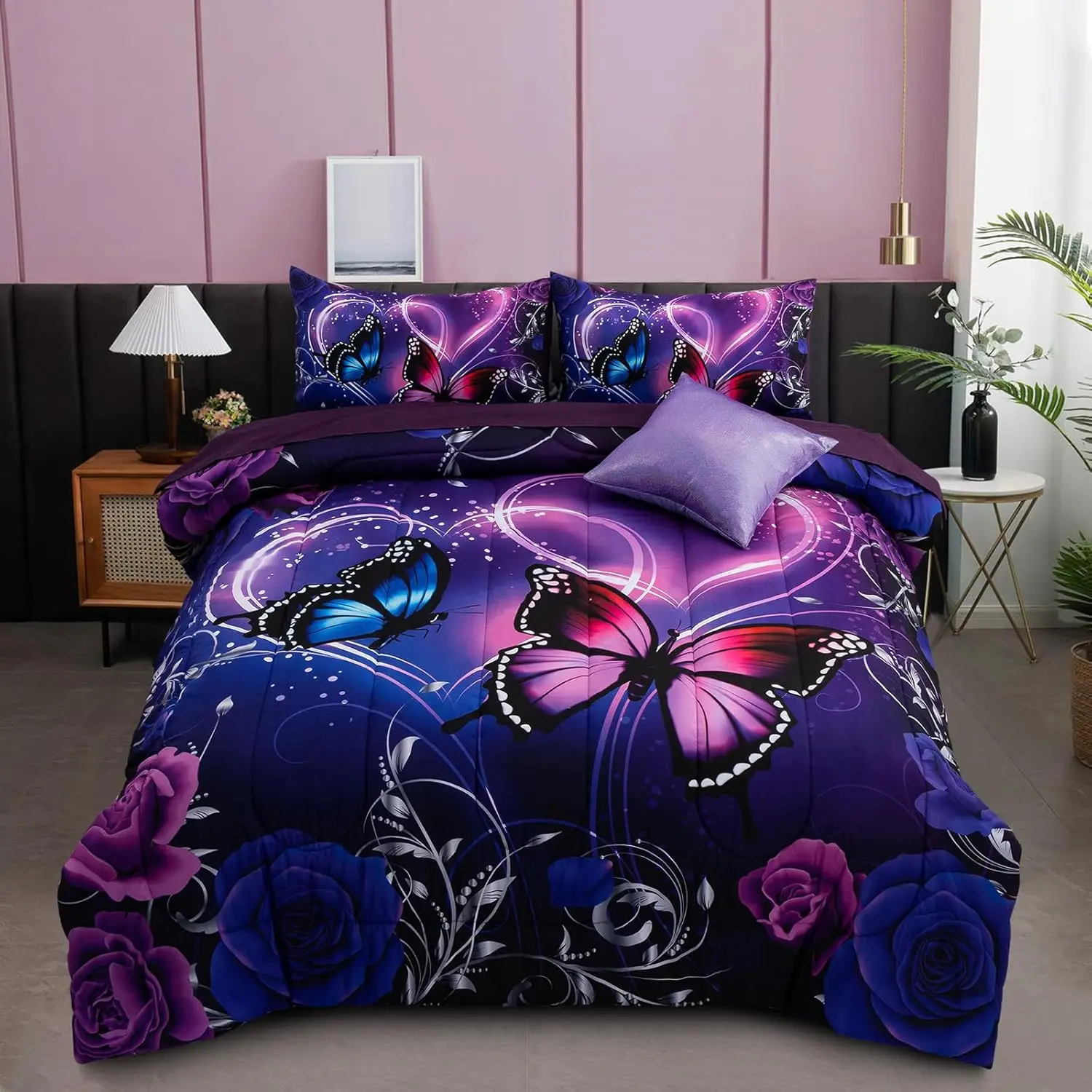 

6-Piece Galaxy Butterfly Bedding Set, Purple Blue 3D Print, Full Comforter for Girls Kids Teens