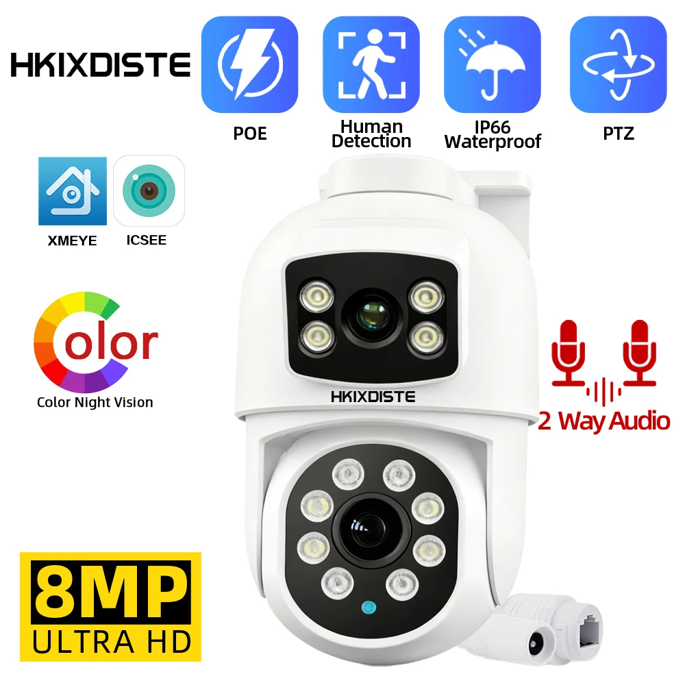 

4K 8MP PTZ IP-камера с двумя объективами и двойным экраном, наружная цветная камера ночного видения для обнаружения человека POE Onvif ICSEE, камера наблюдения