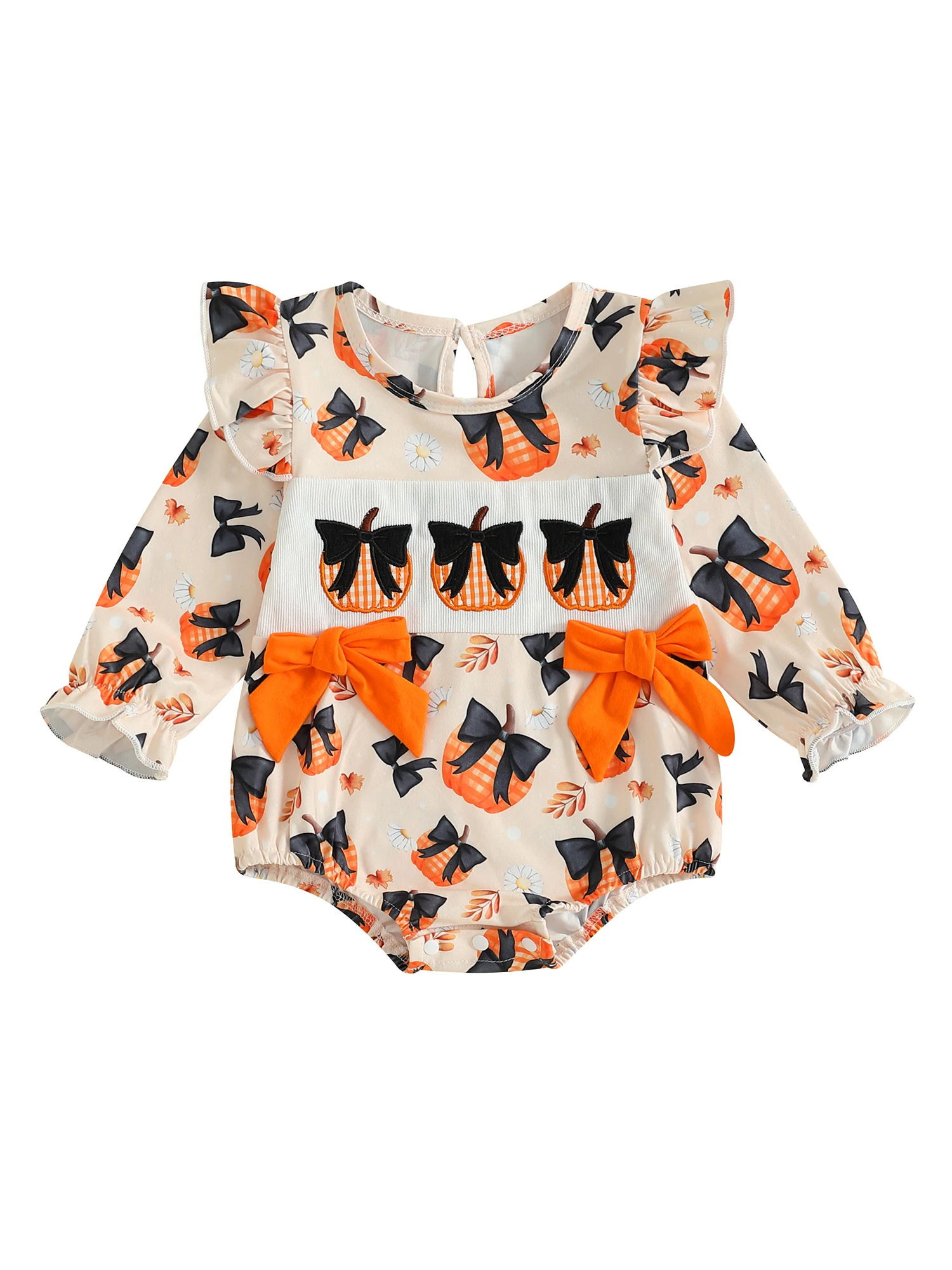 

Очаровательный детский костюм на Хэллоуин с оранжевым принтом тыквы, бантами и оборками для осеннего праздника