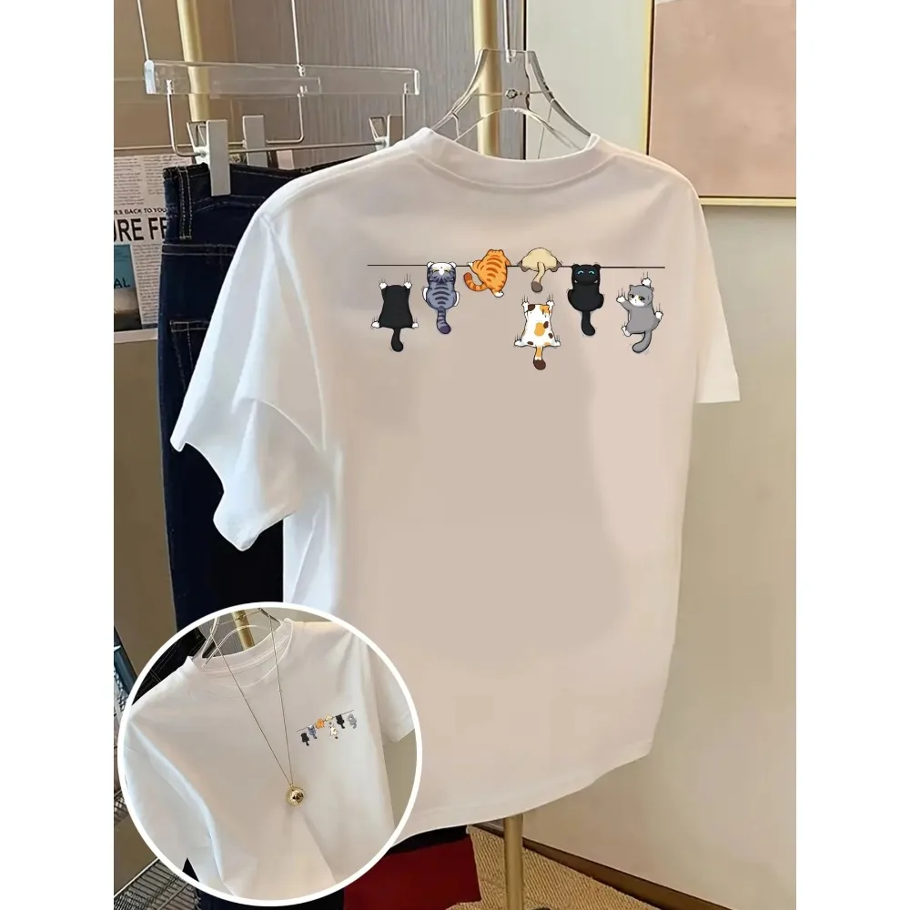 Cartoons Cats Prints T-Shirts Summer Womens Round Neck Short Sleeve Casual Street Clothes Classic Playful Design Kawaii Clothing