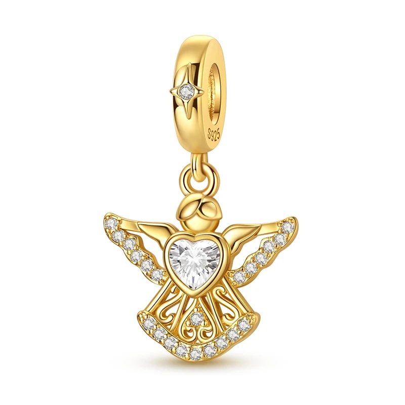 

925 Sterling Silver Charms Bead CZ Zircon Golden Angel Heart Dangle Fit Original Bracelet DIY Women Jewelry