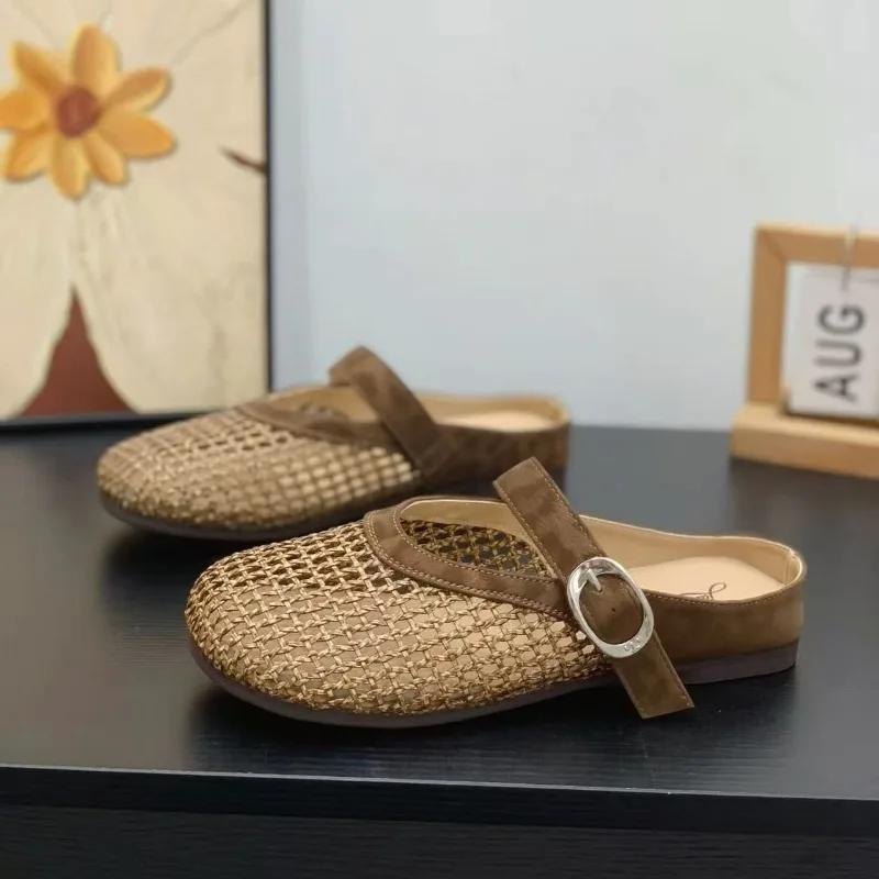 Woven Fishnet Hollow Toe Slippers for Women 2026 Summer New Roman Style Foot-showing Flat Shoes