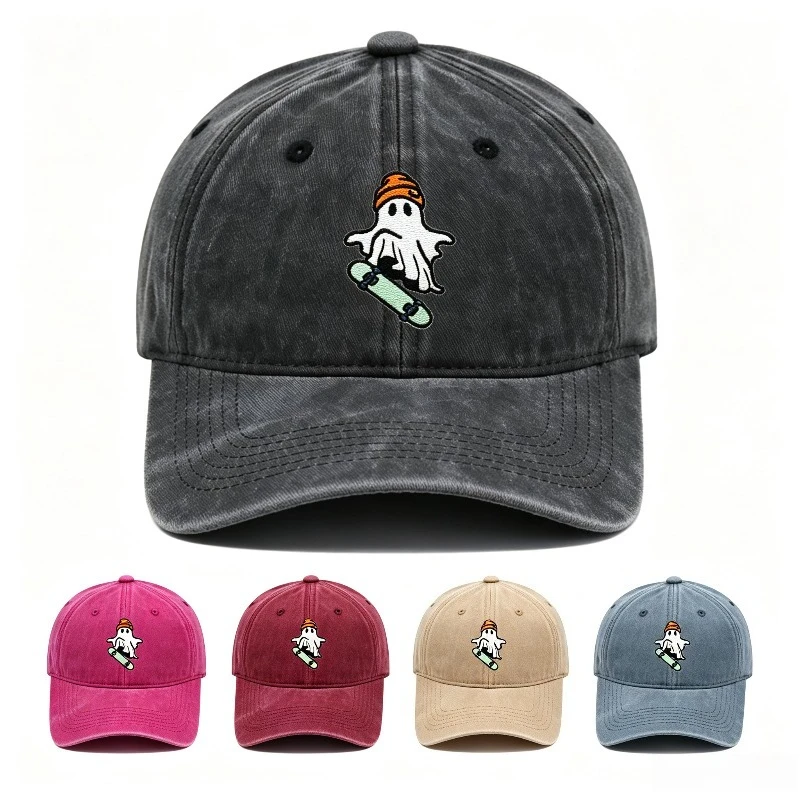 Vintage Washed Cotton Baseball Cap Skateboard Ghost Embroidery Hat Unisex Adjustable Curved Brim Sun Hat Halloween Casual Caps