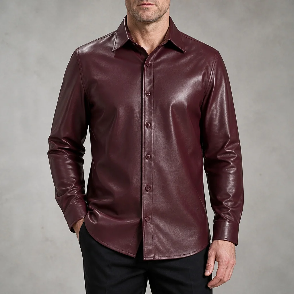 Men's Long Sleeve Dress Shirt Burgundy Faux Leather Point Collar Button Down Slim Fit For Business Party Banquet Night Wear