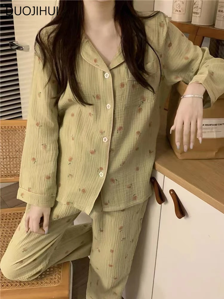 DUOJIHUI-Conjunto de pijama holgado de dos piezas para mujer, ropa de dormir con estampado elegante y dulce, color verde, básico, informal, a la moda, para el hogar, para otoño