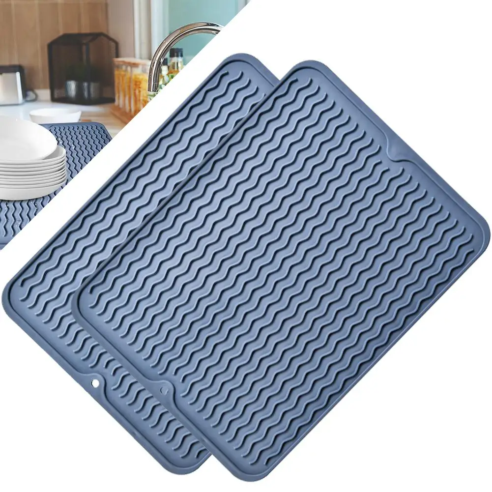 2pcs Kitchen Draining Mat Built-in Hole Design Heat Insulation Anti-slip Double-sided Thickened Drying Mat