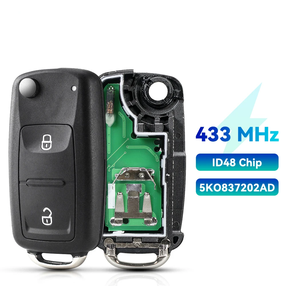 KEYYOU 2-Tasten-Flip-Fernbedienungsschlüsselanhänger für VW Beetle Bora Golf Passat Polo Transporter T5 1J 0959753 AG 434 MHz ID48-Chip