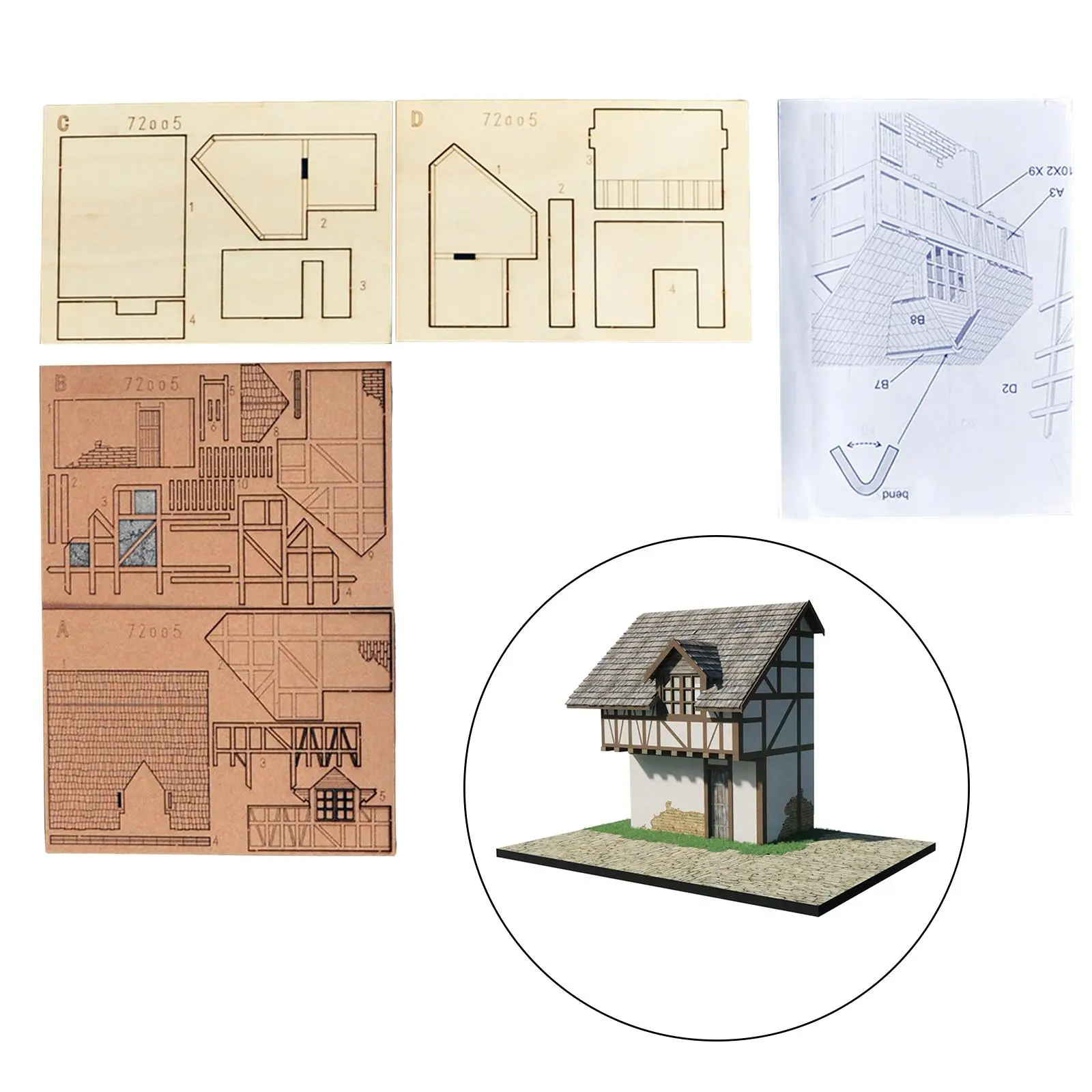 Casa europeia de madeira 1/72 para modelo de arquitetura de micro paisagem acessório