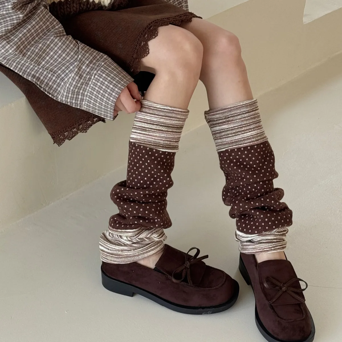 Japanese Leg Warmers 2026 New Autumn and Winter Striped Polka Dot Splicing Leg Cover Calf Socks Women Y2K Leg Warmers Foot Cover