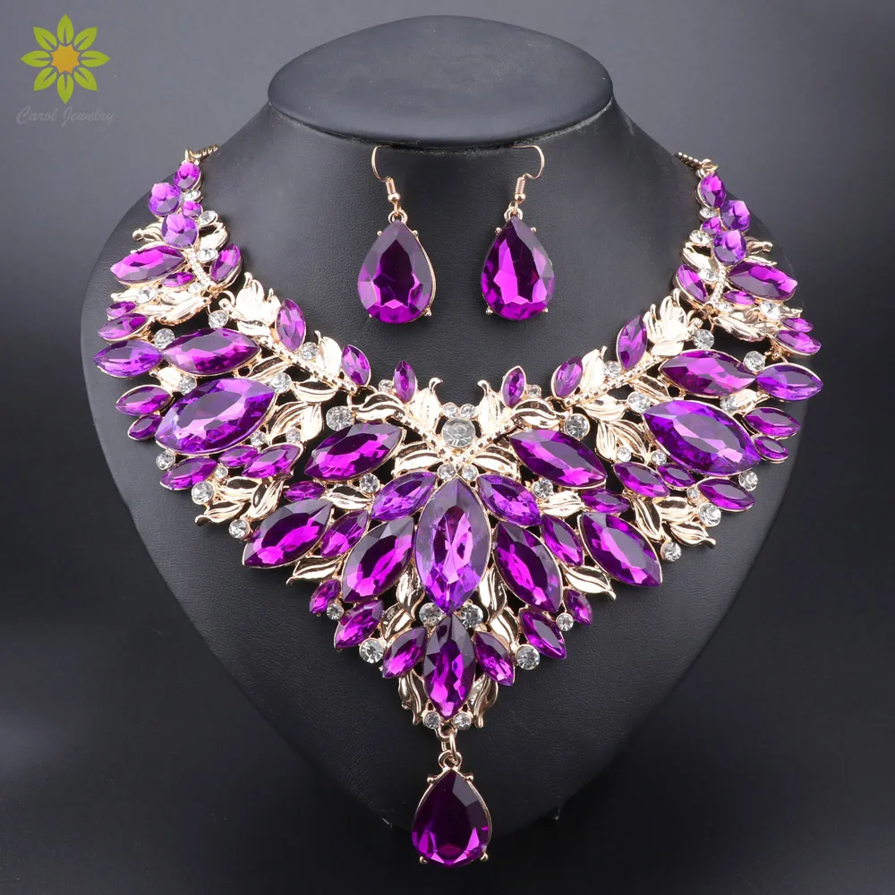 Purple Crystal Necklace Earrings Indian Luxury Bridal Jewelry Set Wedding Party Prom Costume Jewellery Christmas Gift for Women