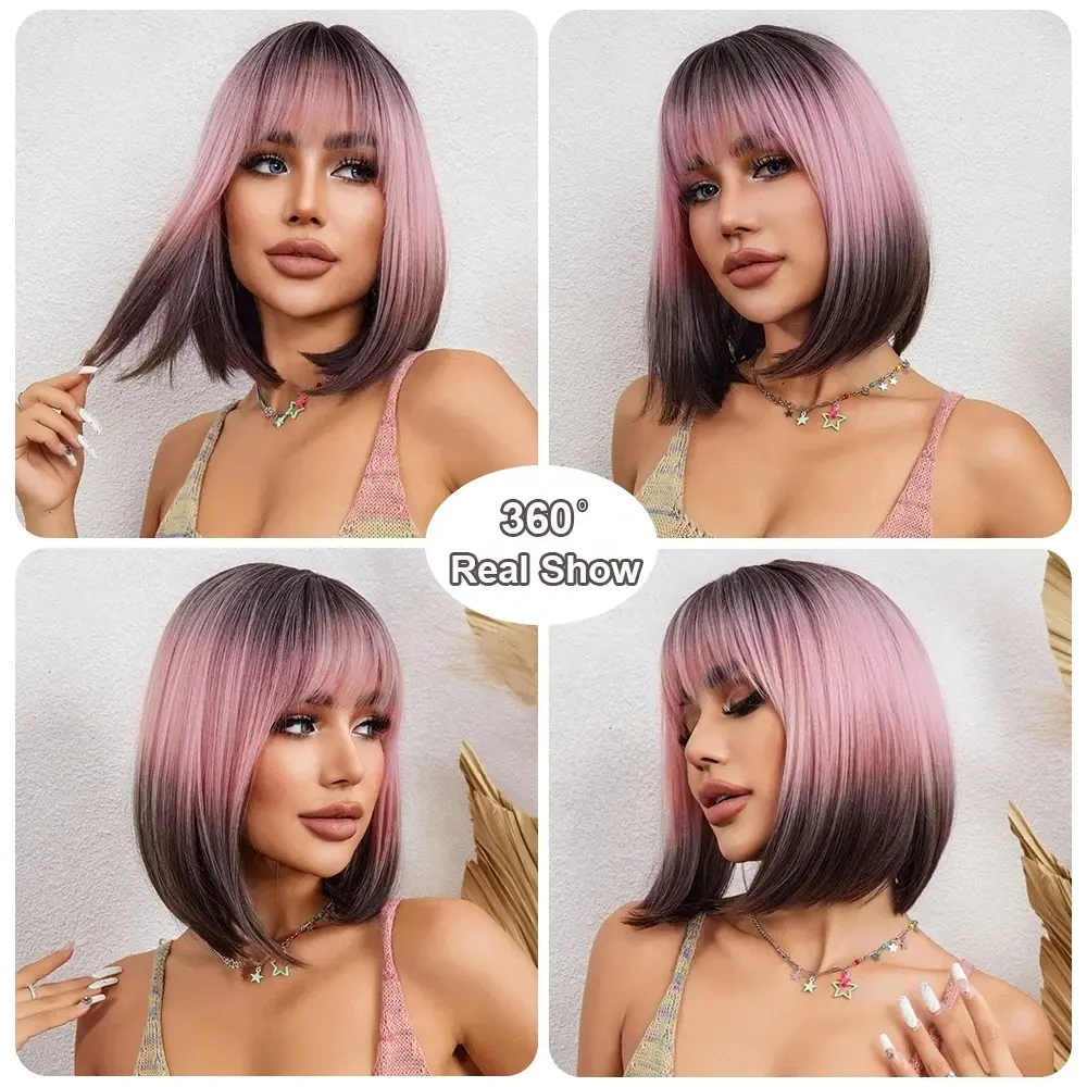 ALAN EATON Short Ombre Pink Black Hair Wig Synthetic Bob Wigs with Bangs Pink Straight Wig for Women Party Use Heat Resistant