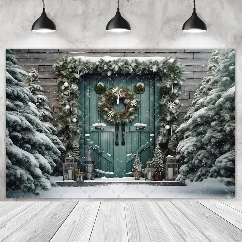 Fondo de fiesta con puerta de nieve de Navidad para adultos, fotografía de cumpleaños, pastel, Smash, árboles, luces, regalos, estudio de sesión de fotos